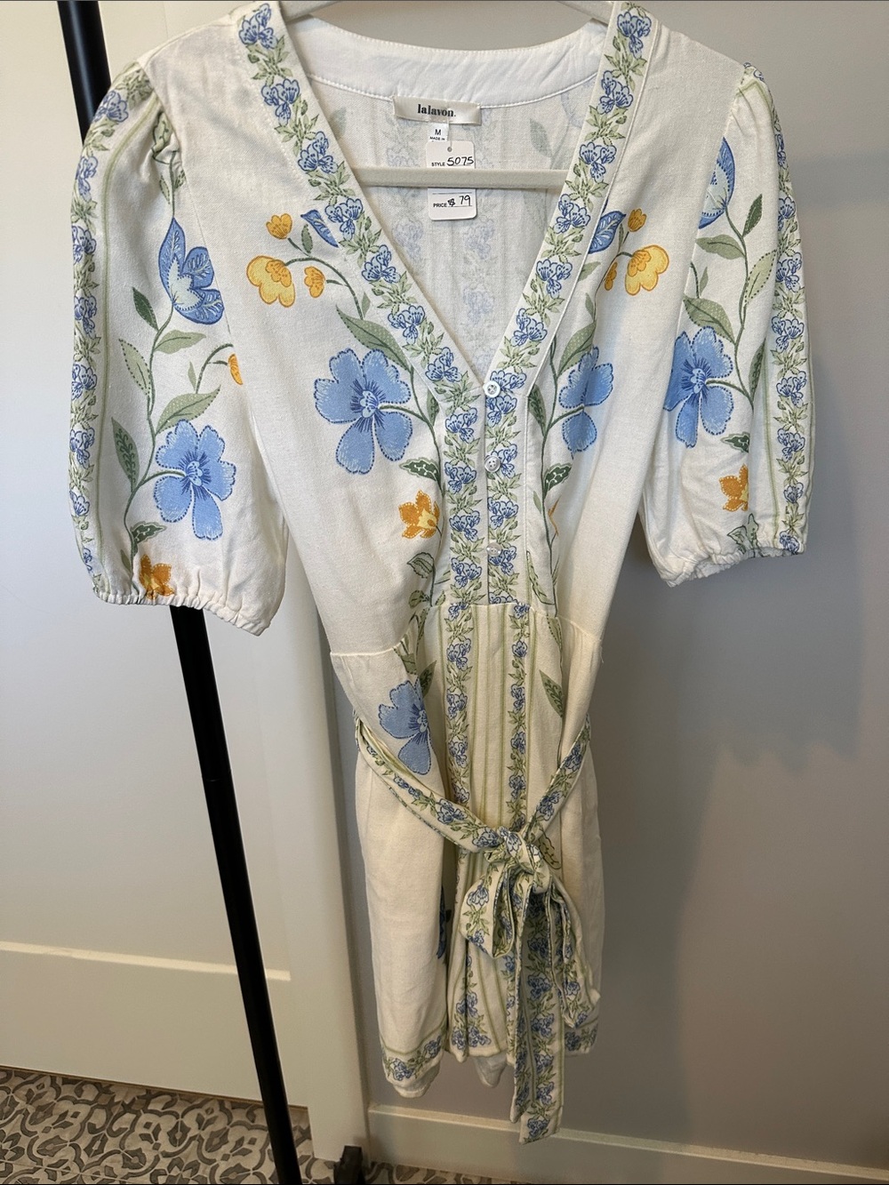 Lalavon Floral V-Neck Tie-Waist Dress — Cream with Blue & Yellow Flowers